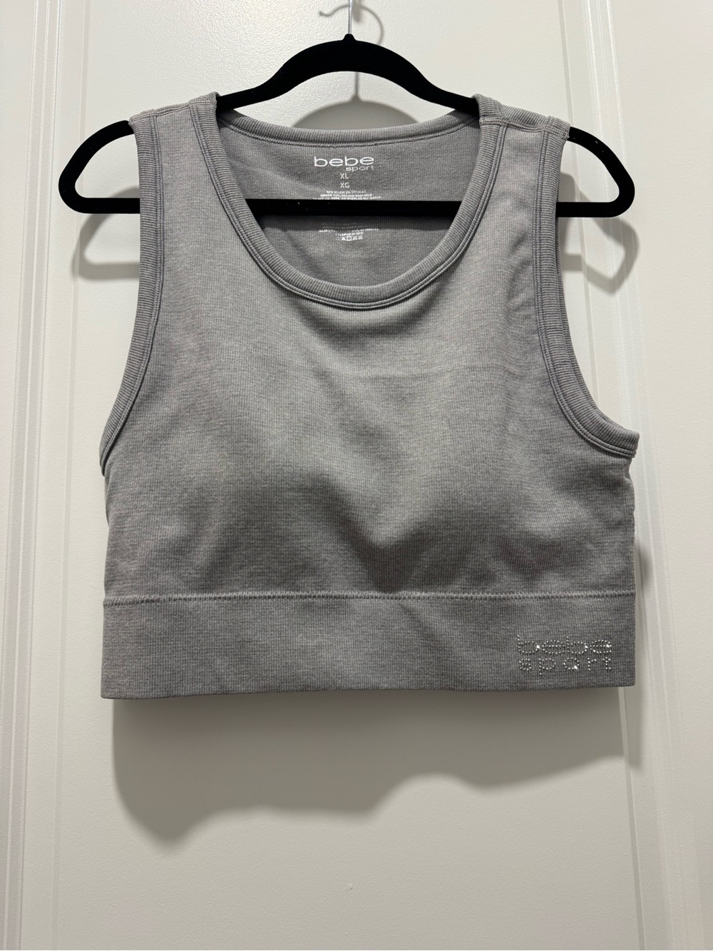 bebe Gray Ribbed Crop Tank with Rhinestone Logo Detail